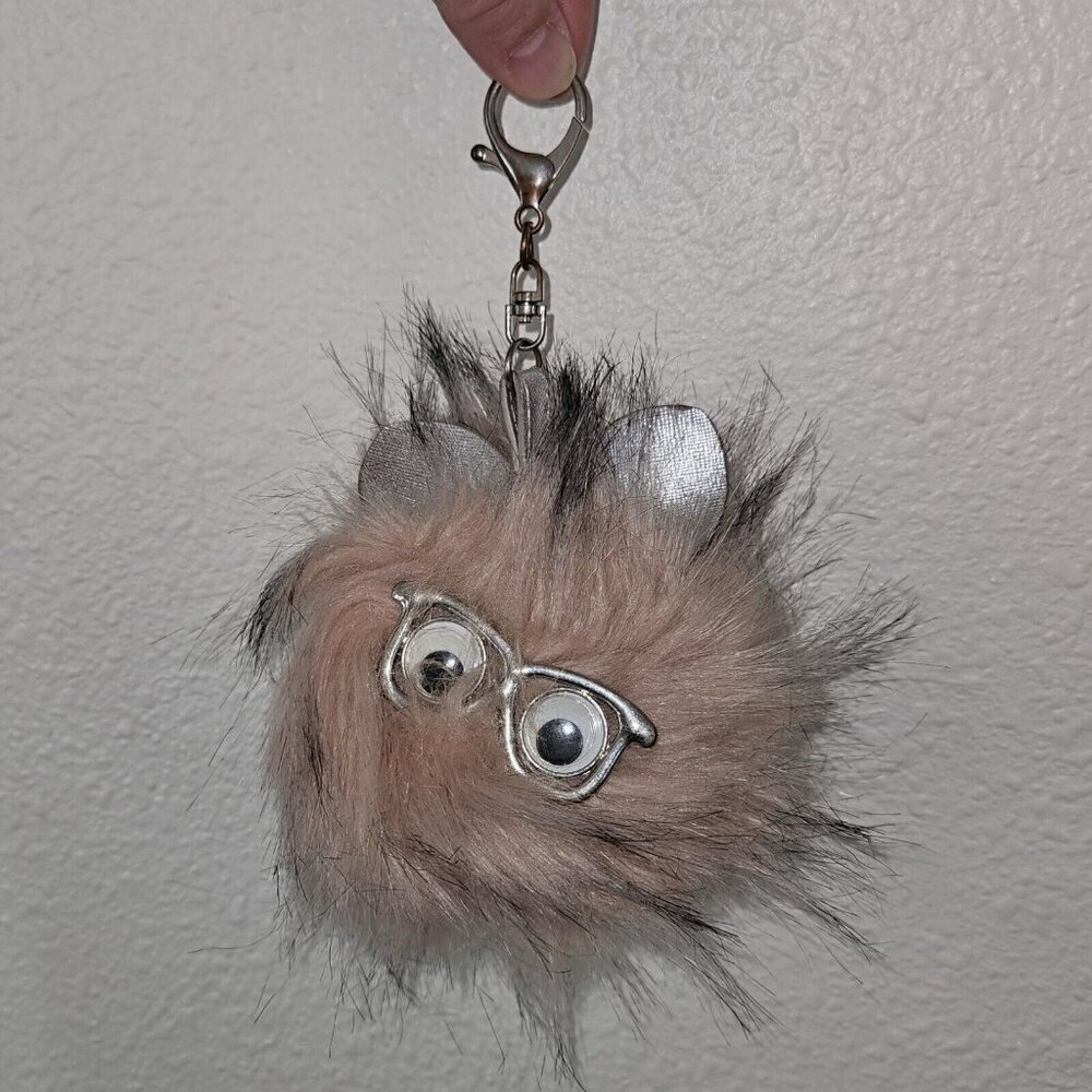 Pink Poof Furball With Googly Eyes Glasses Keychain Backpack Clip Silver Tone